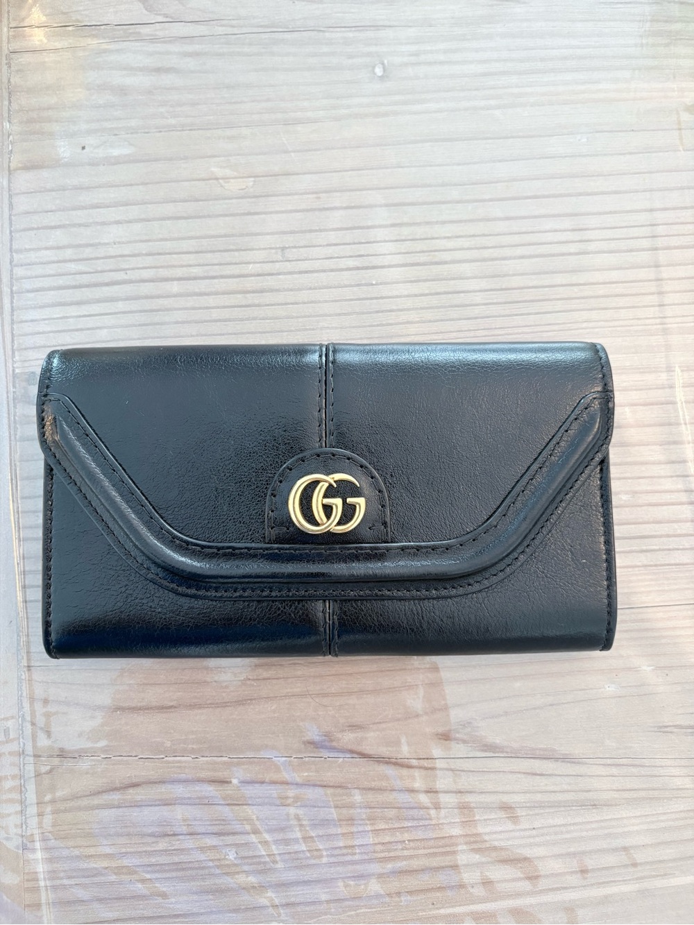 Gucci Black Leather Continental Wallet with Gold Double G Accent